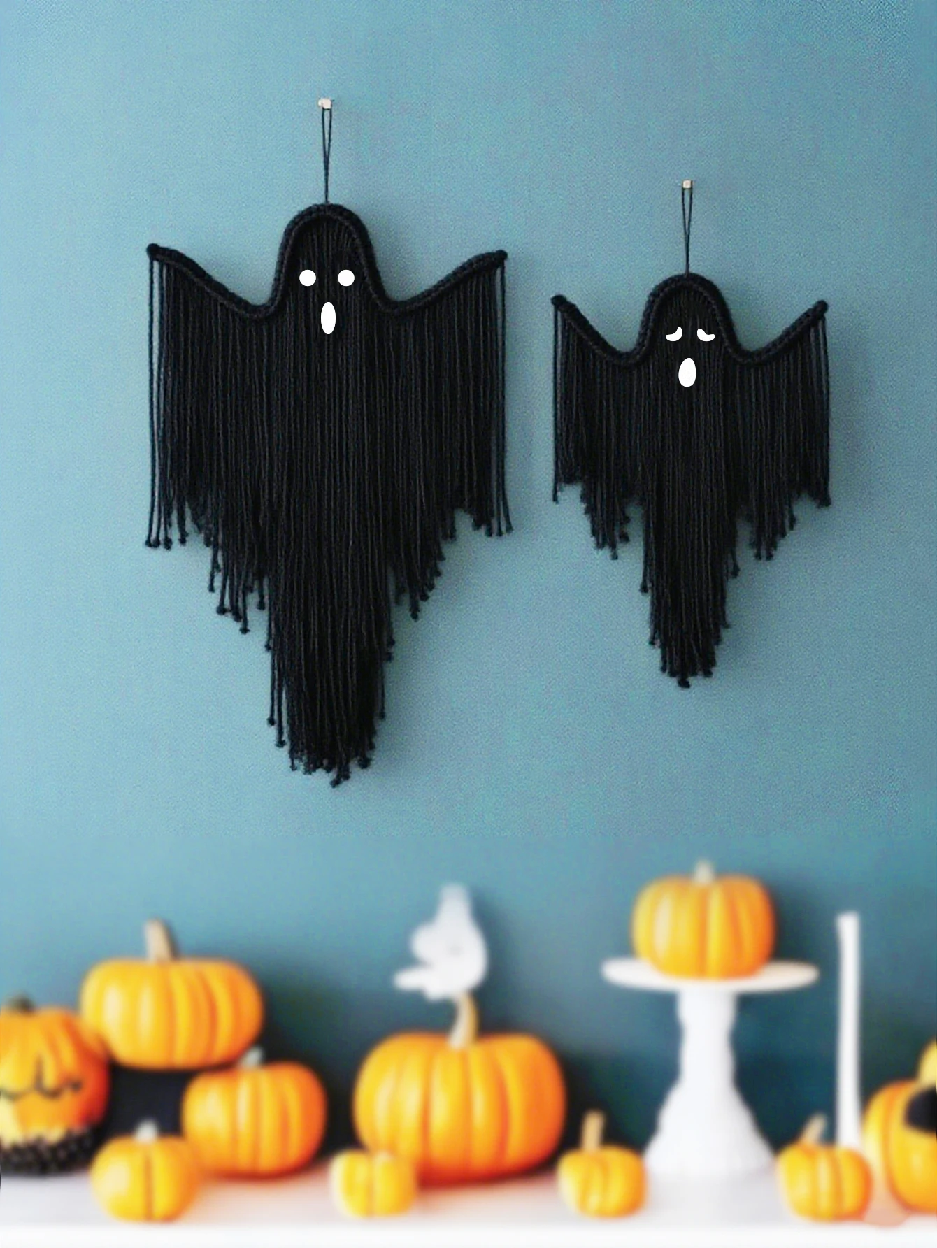 Halloween Makramee Geist Wandbehang Dekor Gothic Schwarz Geist geformt mit Quaste Wandteppich Wandornament Gruseliges Zuhause & Party Geschenk