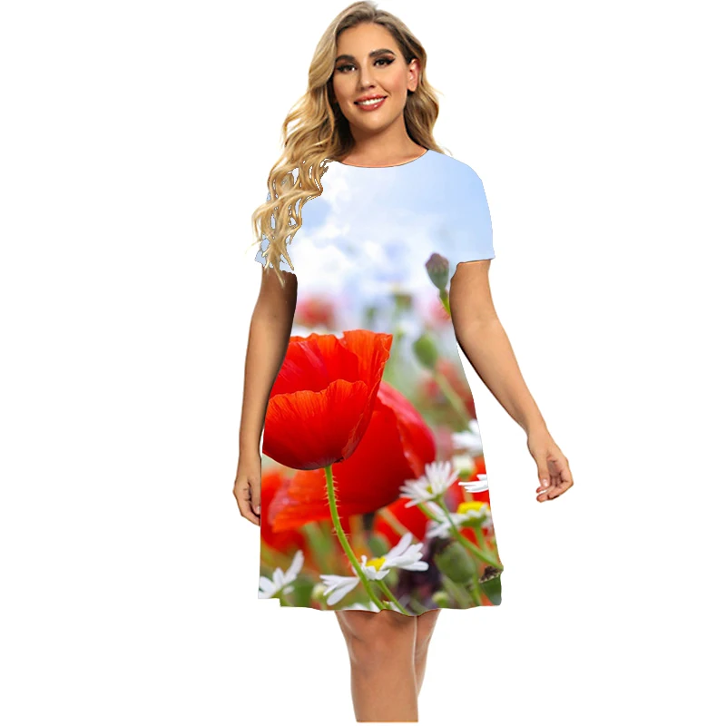 Rose Flower Print Dresses Summer For Woman Mini Loose Dress Casual Short Sleeve O-Neck A-Line Dress Plus Size Women Clothing 6XL