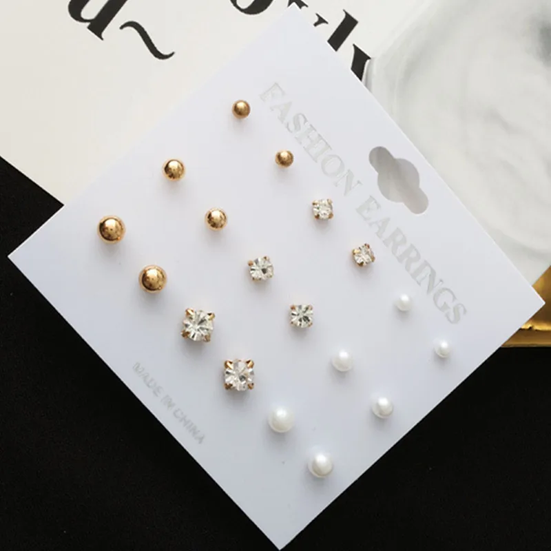 1 Set Fashion Round Square Crystal Gold Color Stud Earrings Simulated Pearl Ball Silver Color Earring Set For Women Jewelry