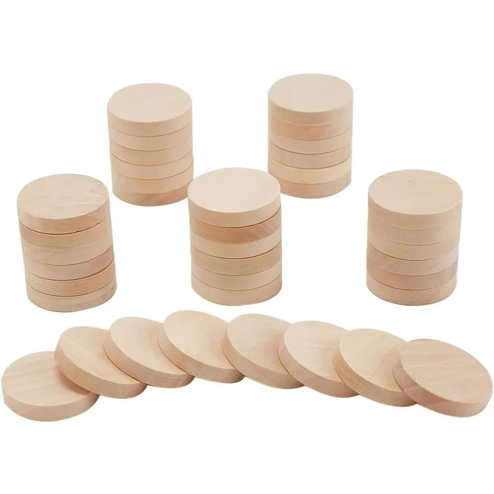 50pcs 1 Inch Unfinished Beech Wood Craft Circle Cutouts Round Wooden Thick Circles Slices Blank Wood Ornaments Decor