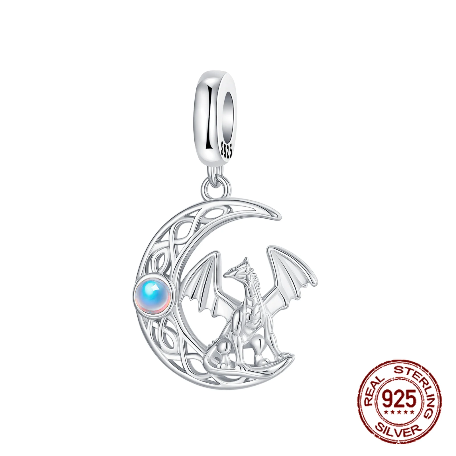 

925 Sterling Silver Openwork Crescent Moon Dragon Pendant Sports Charm Fit Original Charm Bracelets Women DIY Jewelry Gift