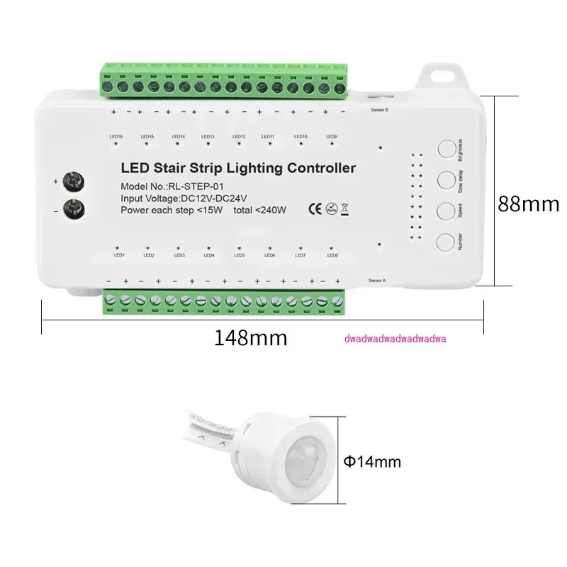 16 Channels Led Stair Light Staircase Controller 2 PIR Motion Sensor Controller For Indoor Stairway Flexible LED COB Strip Light