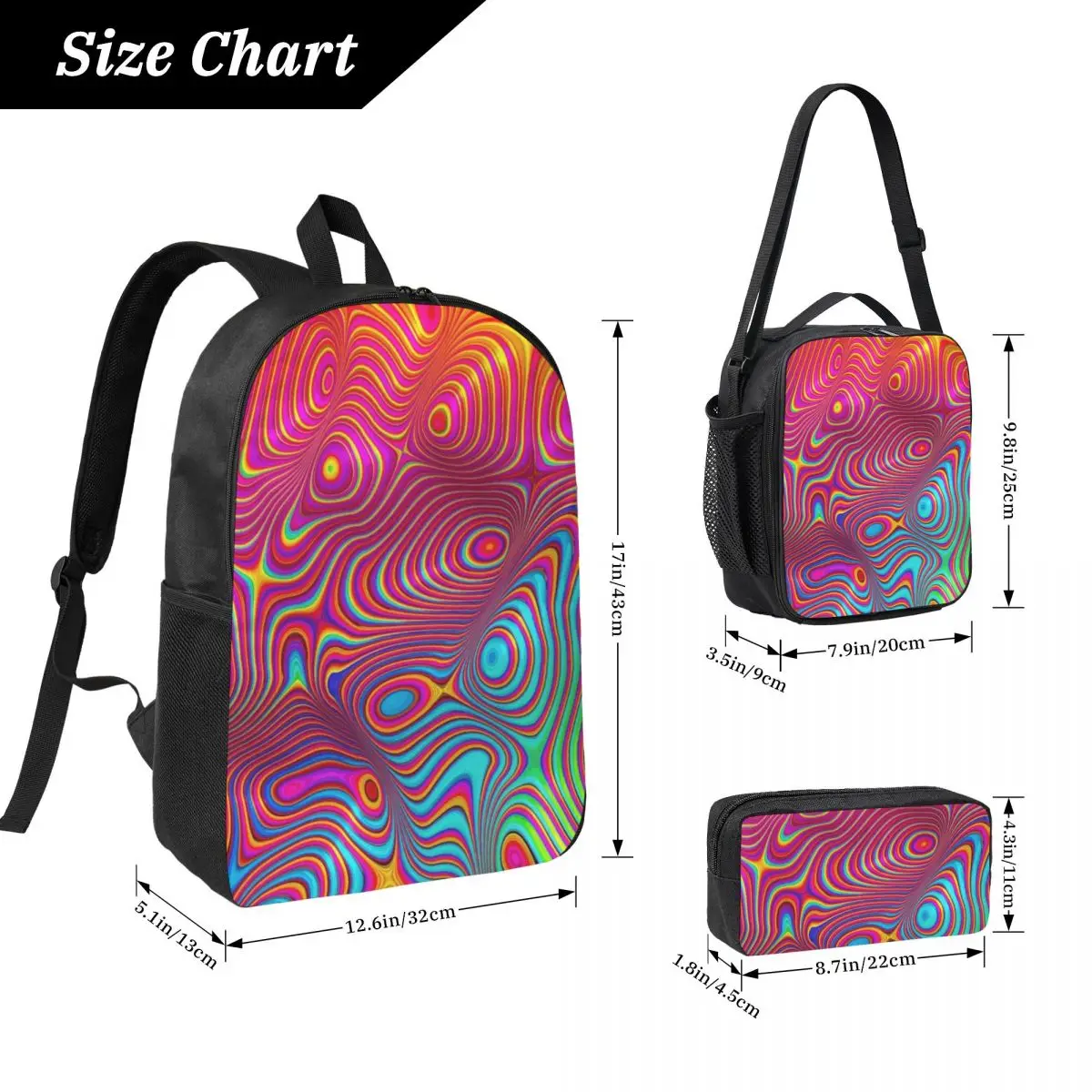 Colorful Groovy Trippy Vibrant Spiral Backpack BookBag School Bag Computer Shoulder Bags 3ps Insulated Lunch Bag Pencil Case