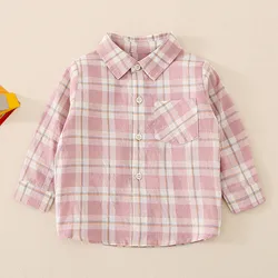 Toddler Kids Baby Boys Shirts Button-Down Plaid Shirts Spring Autumn Long Sleeve Shirts Outwear Pink Check Shirts Blouse Tops