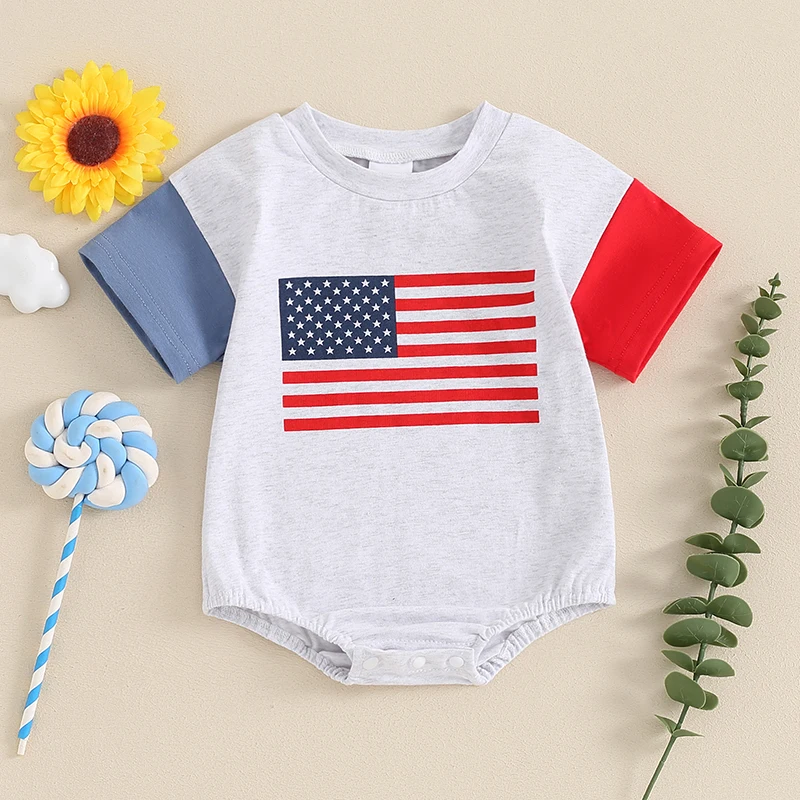 2024-03-04 Lioraitiin 0-18M Baby Girls Boys Independence Day Romper Short Sleeve Crewneck Flag Print Contrast Color Romper