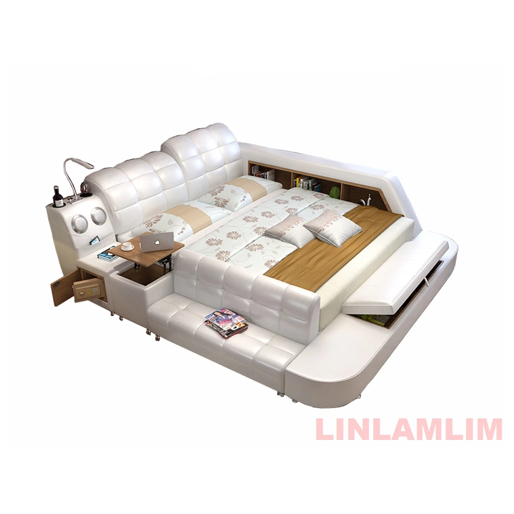 Linlamlim TECH SMART ULTIMATE BED | ALL IN ONE BED | Luxury Multifunctional Genuine Leather Bed with Speakers, USB, Lounge Sofa