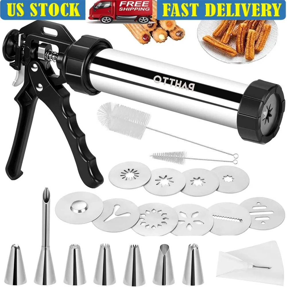

Multifunctional Churro Maker Machine Stainless Steel Churros Gun with 7 Nozzles Piping Bag Ideal Cookies and Fillings