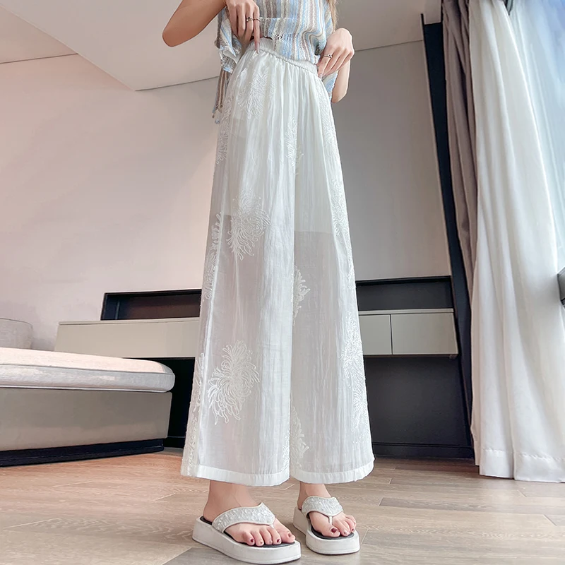 

2025 New Embroidered Straight Trousers Wide Leg Pants for Women Summer Fashion Loose Skinny Chinese Style Pants Female Clothing