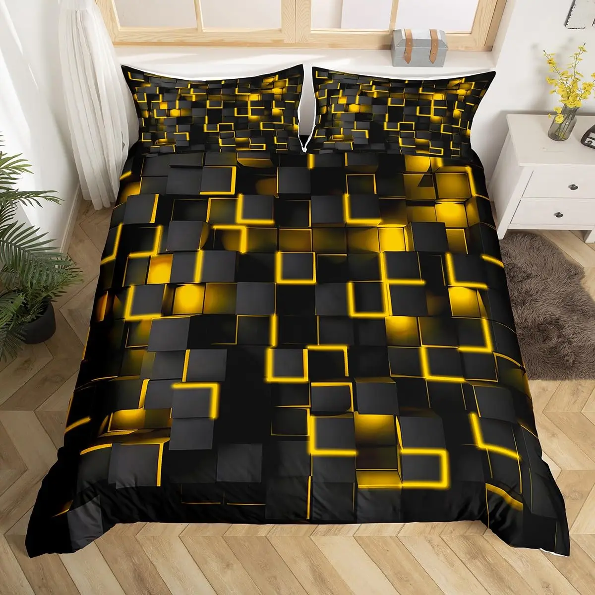 Light Blue and Black Bedding Duvet Cover Queen Light Geometric Bedding Set Geometry Comforter Cover Modern Style Quilt Cover