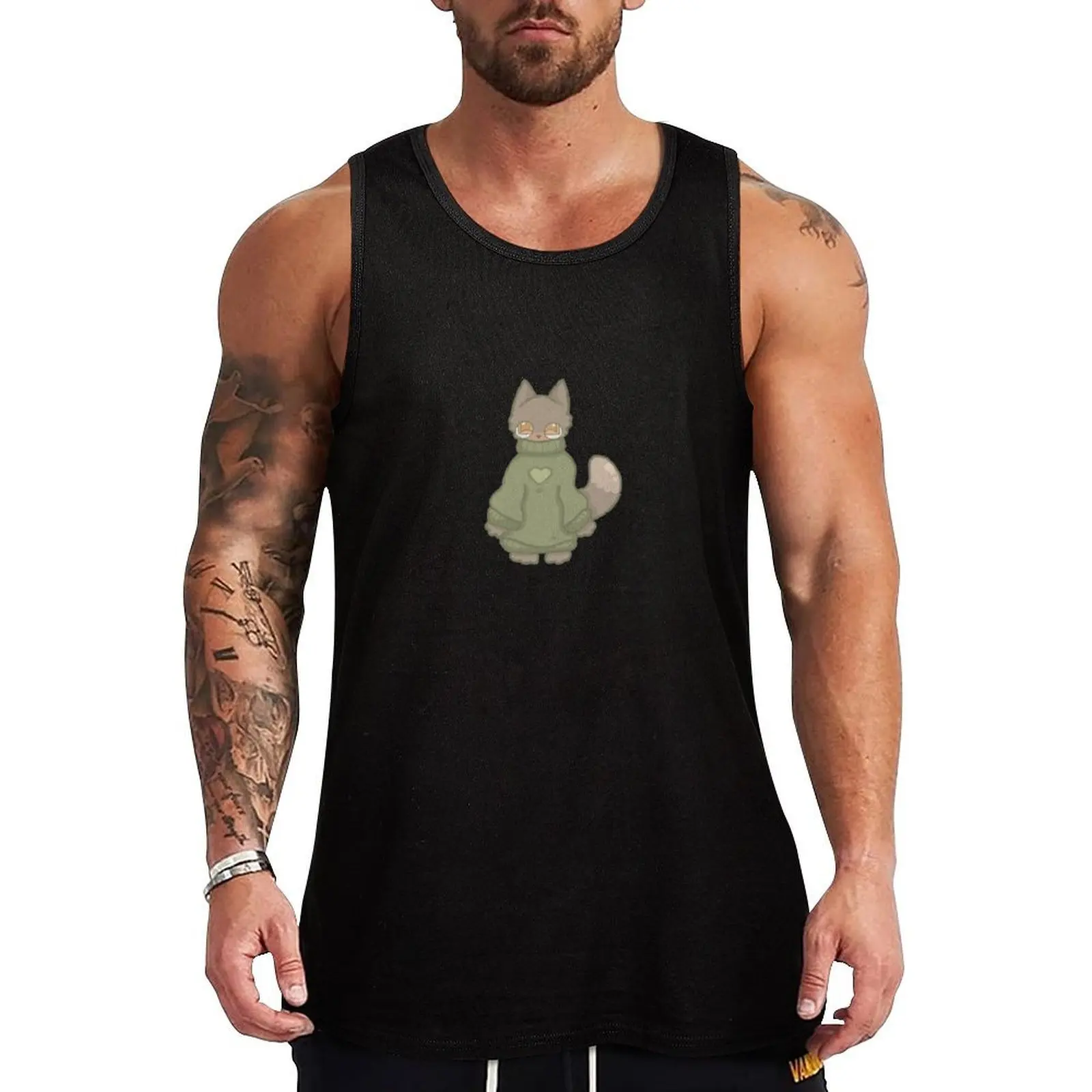 Cat in green sweater Tank Top Classic Basic Tank Top Solid Color Everyday Wear
