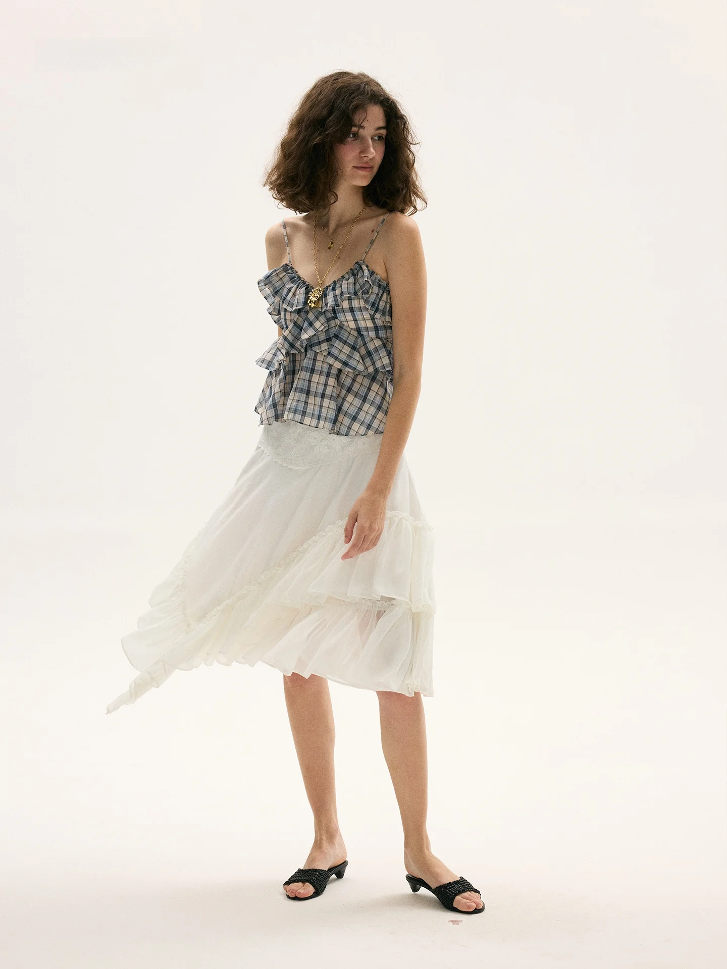 

Frommtof Plaid Slim Fit Ruffle Hem Halter Top Women's Original Design Lyrical Fiber Cotton Blend Short Length Summer Shirt