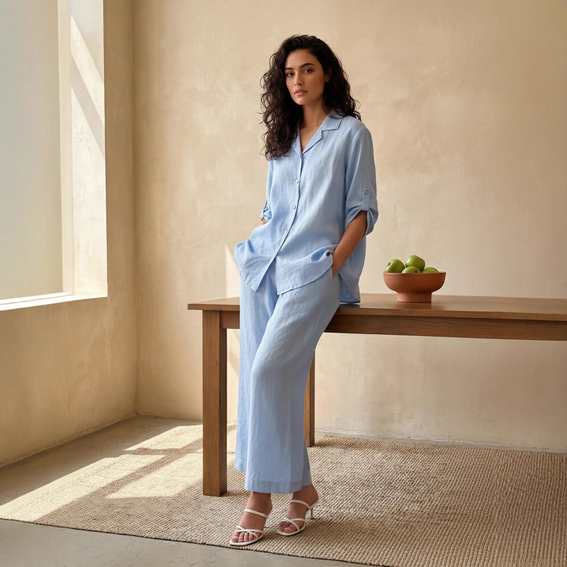 

Элегантный комплект из 2 предметов: рубашка из хлопка и льна и брюки с широкими штанинами для женщин, повседневный осенний костюм с длинным рукавом