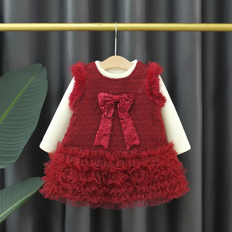 

Комплект красного платья для девочек с бархатом, осень/зима 2022, новый стиль, жилет принцессы с бантом для малышей, новогодняя одежда