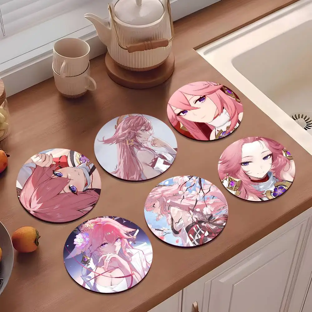 1pc Anime Genshin Impact Y-aeMiko Wooden Coaster Colour Printing Cup Mat Home Desk Decoration Gifts