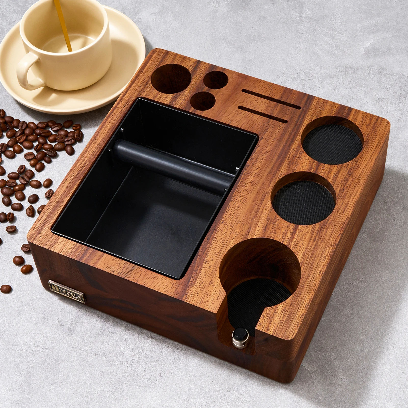 TREELF 3 IN 1 Espresso Knock Box and Tamping Station 51/54MM Espresso Coffee Anti-pressure Pad Stand Walnut Wooden Coffee Tool