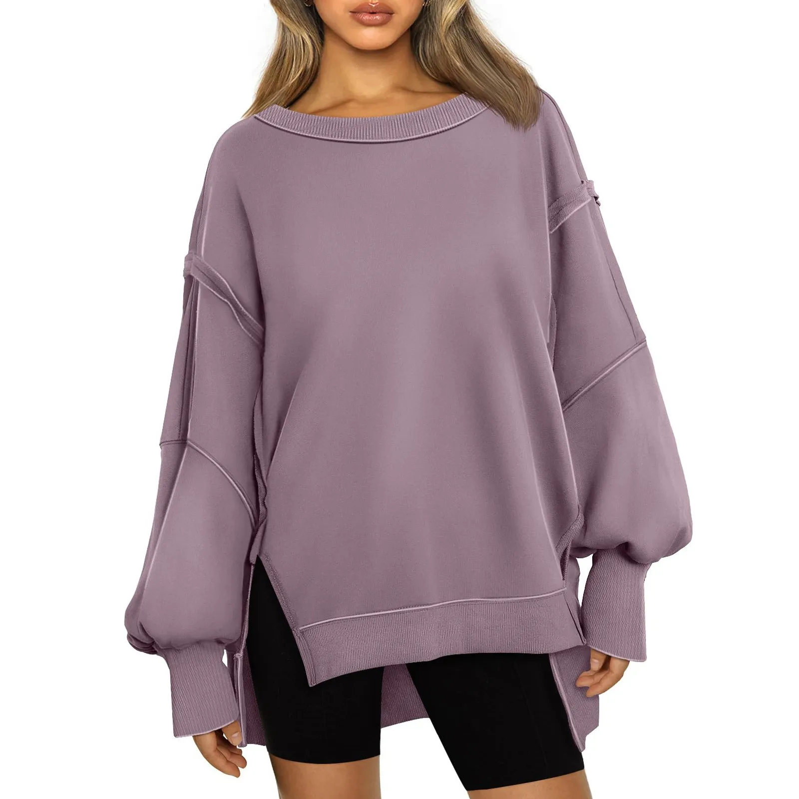 

Sweatshirts For Women Oversized Long Sleeve Hoodies Drop Shoulder Casual Crewneck Split Hem Pullover Sweatshirts Tops Women