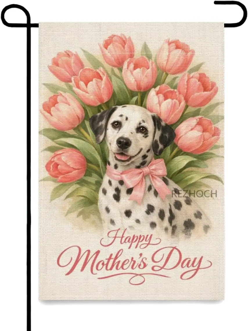 Happy Mother’s Day Garden Flag 12x18Inch Cute Dalmatian Vintage Floral Tulip Spring Yard Outdoor Decor Double Sided Fun Anim AAS