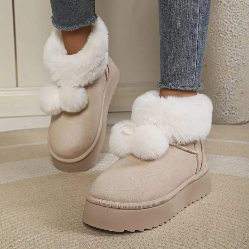 Cute Fluffy Fur Ball Thick Bottom Snow Boots Women Winter 2026 Warm Plush Suede Ankle Boots Comfort Platform Cotton Shoes Mujer view 3