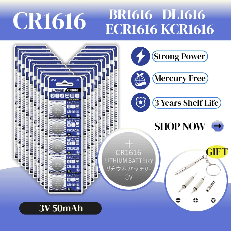 

CR1616 3V Lithium Battery for Watch Remote Calculator Scale Car Key CR1616 LM1616 DL1616 BR1616 5021LC Long Life