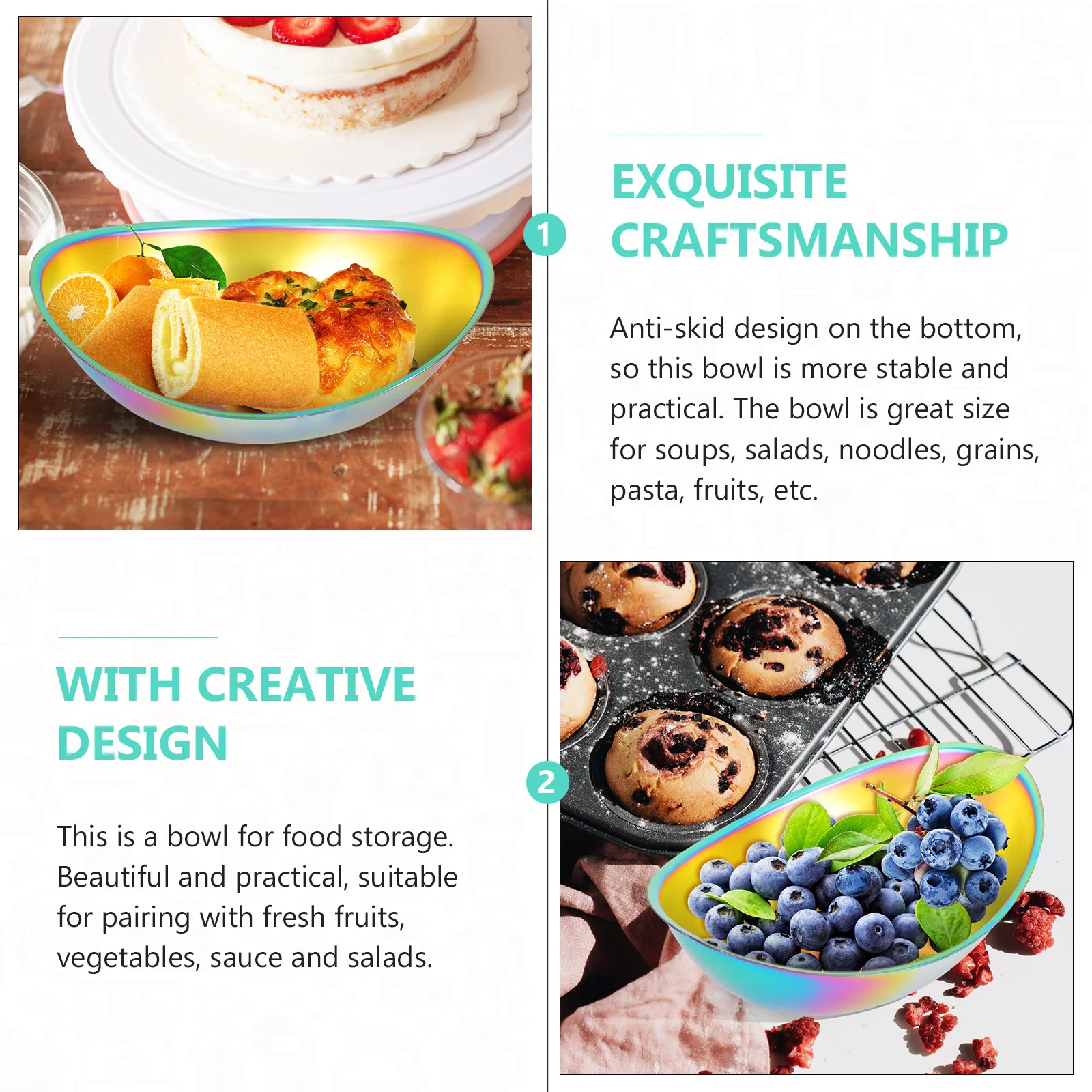 

Colorful Ingot Bowl Stainless Steel Anti-Slip Base Big Opening For Salad Fruit Dessert Soup Noodles Rice Serving Kitchen