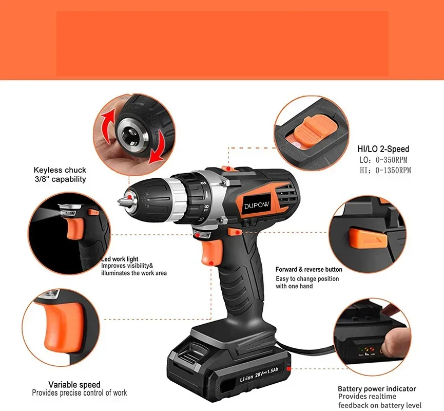 DUPOW  3/8-Inch Mini Wireless Power Driver  20V Cordless Drill Electric Screwdriver