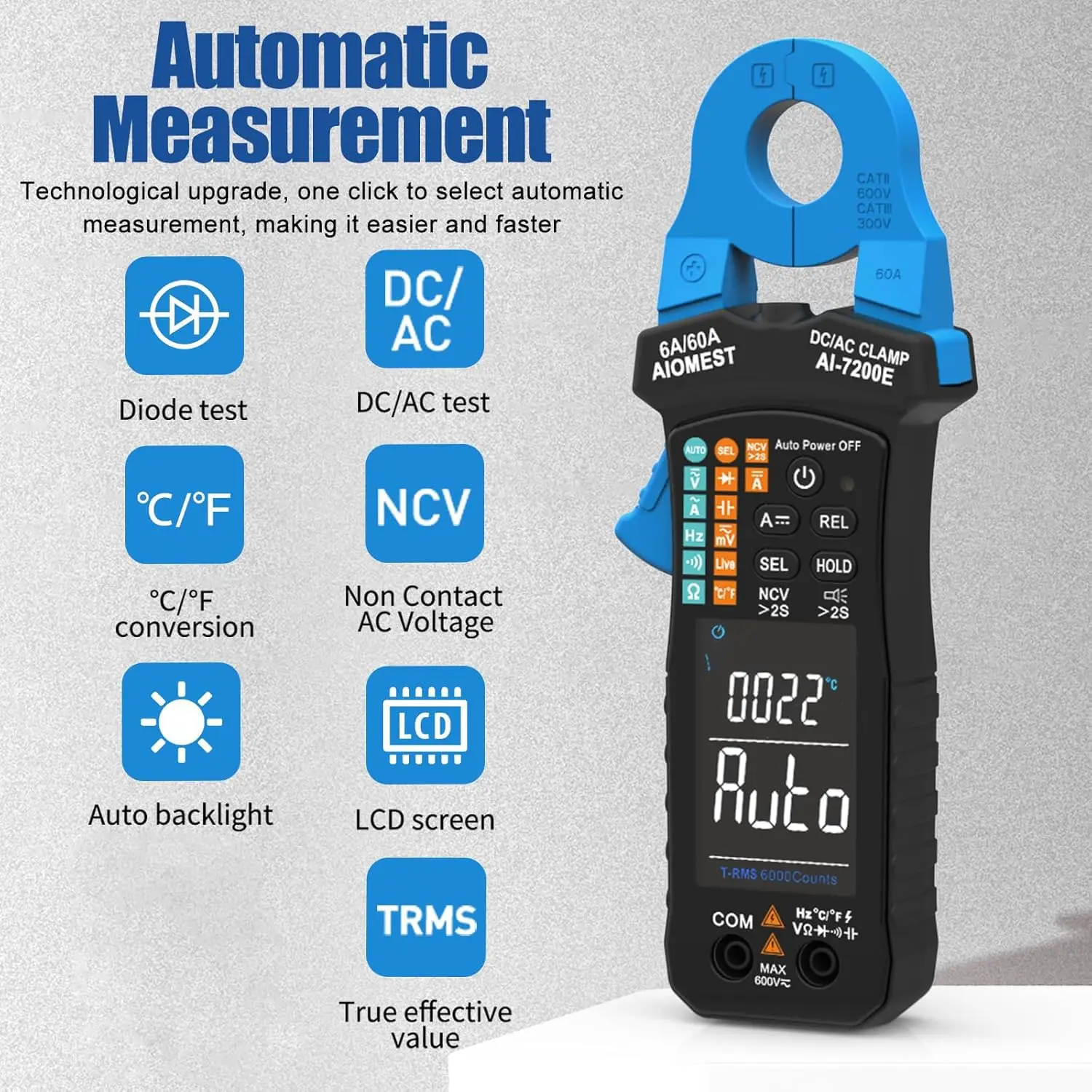 

HP-7200E Digital Clamp Multimeter 6000 Count, True RMS, AC/DC Voltage & Current, Autoranging, NCV, Resistance, Diode, Continuity