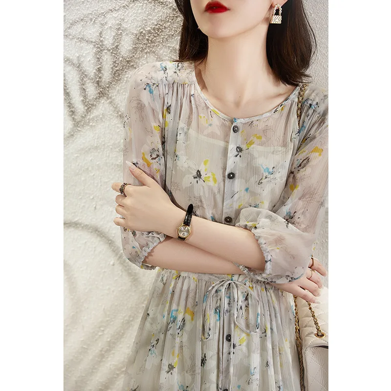 Vestido longo floral fragmentado, vestido francês de manga curta, novo vestido de verão de comprimento médio com duas camadas