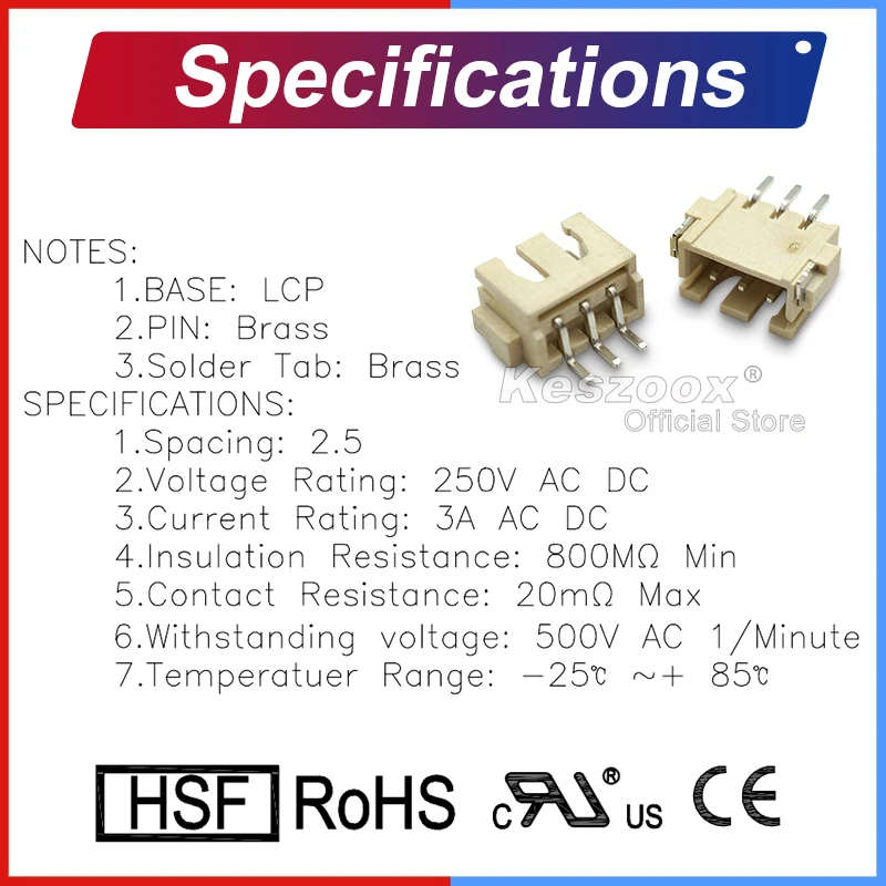 Keszoox JST XH2.54 Connector 2.54mm Pitch SMT Horizontal Socket Plug Header 2/3/4/5/6/7/8/9/10/11/12Pin 【Support Wholesale】