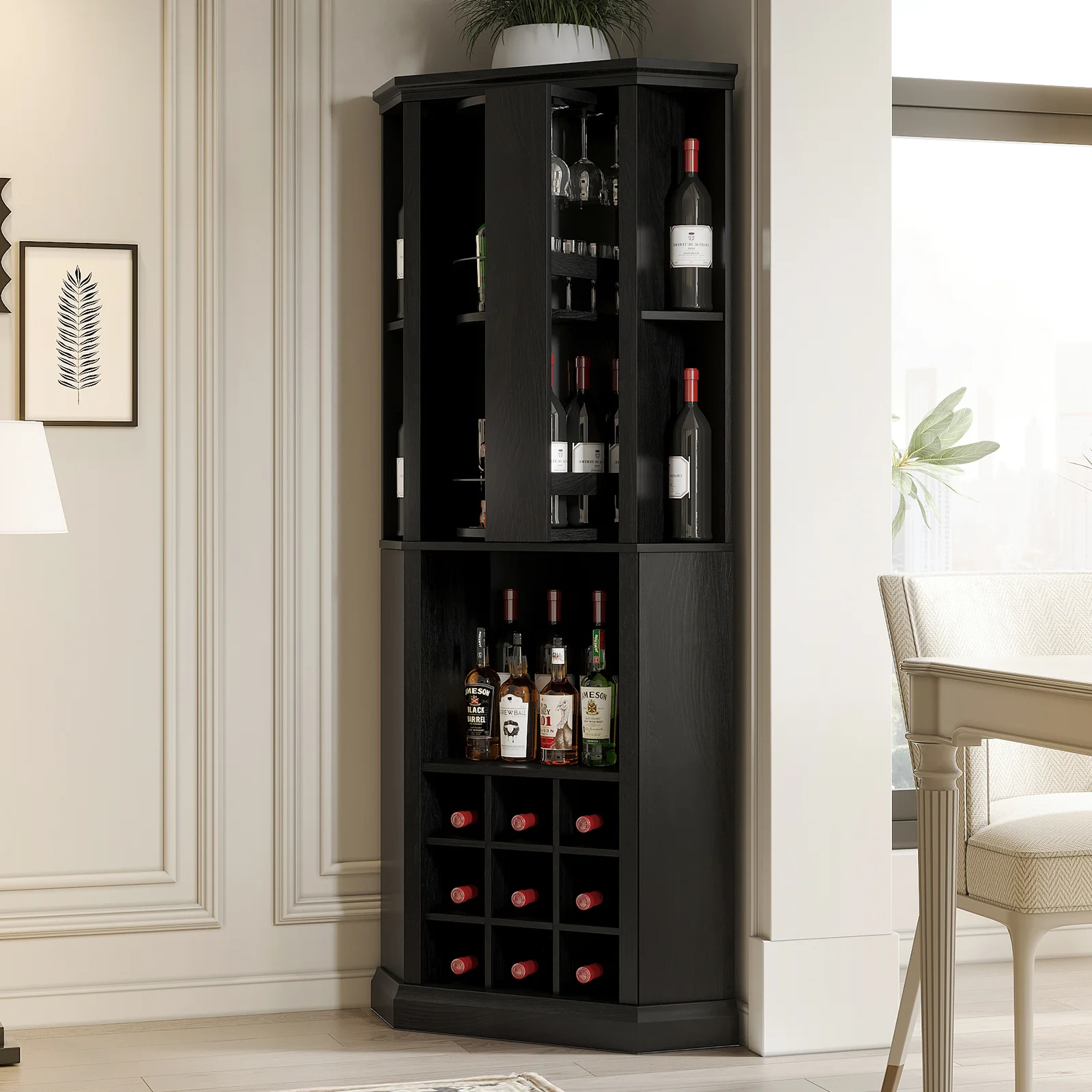 Corner Wine Cabinet with Rotating Glass Wine Rack, Farmhouse Bar Storage Cabinet with Cup Holders, Bar Cabinet for Dining Room