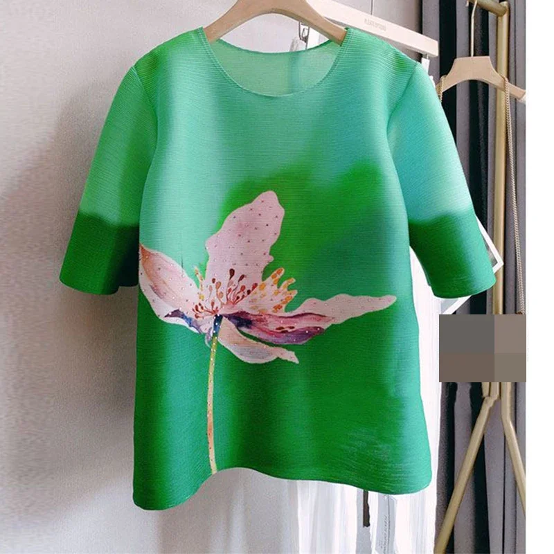 Loose Oversized Round Neck T-shirt Pleated 2025 Summer New Fashion Print Age Reducing Short Sleeve Top