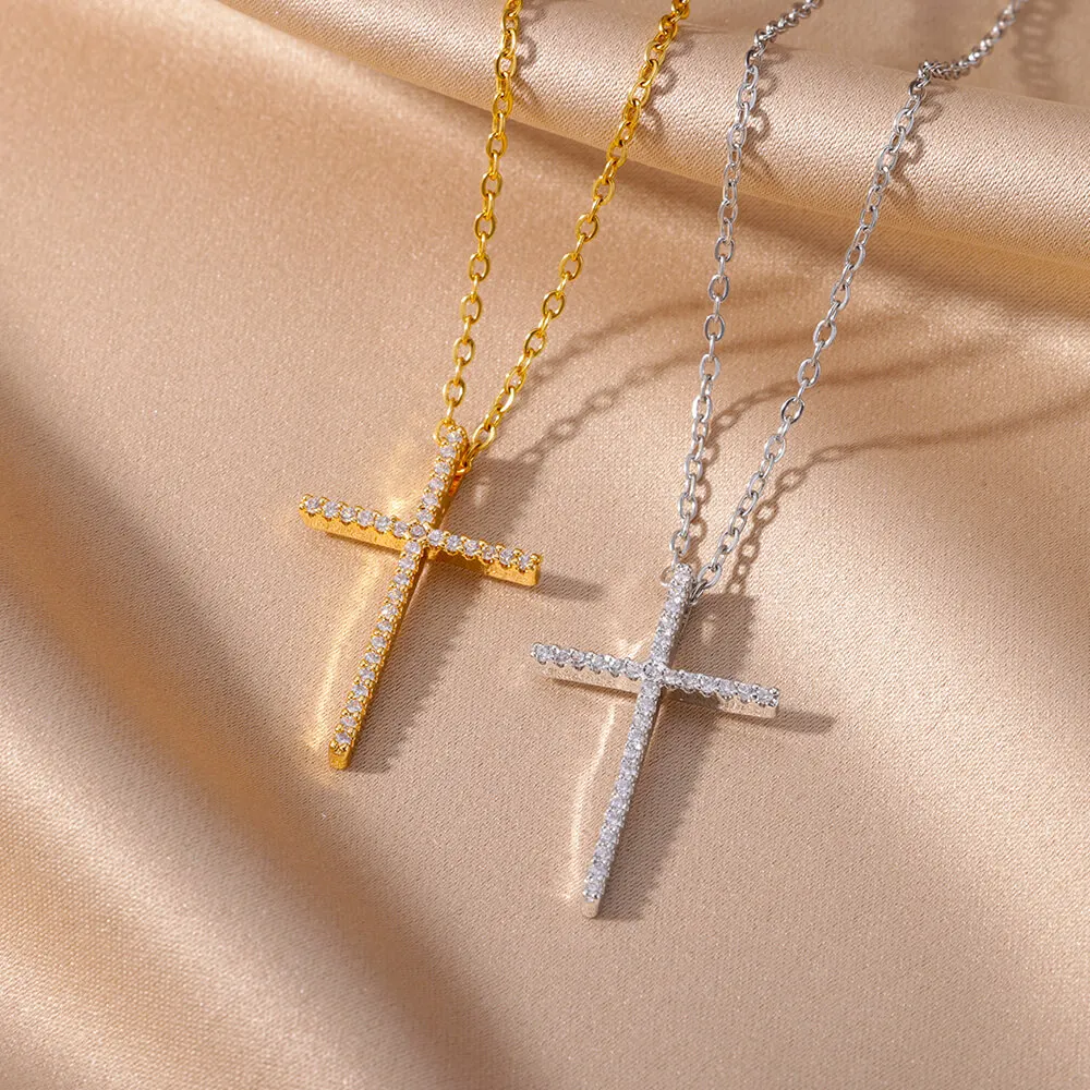 Minimal Cross Necklace For Women Shiny Zirconia Gold Color Stainless Steel Chain Adjustable Necklace Fashion Jewelry Best Gift