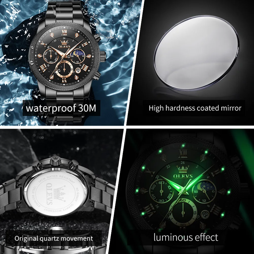 OLEVS الأصلي موضة ساعات رجالية العصرية 30 متر مقاوم للماء تاريخ ساعة كوارتز للرجل صندوق مضيء القمر المرحلة العلامة التجارية ساعة اليد #5