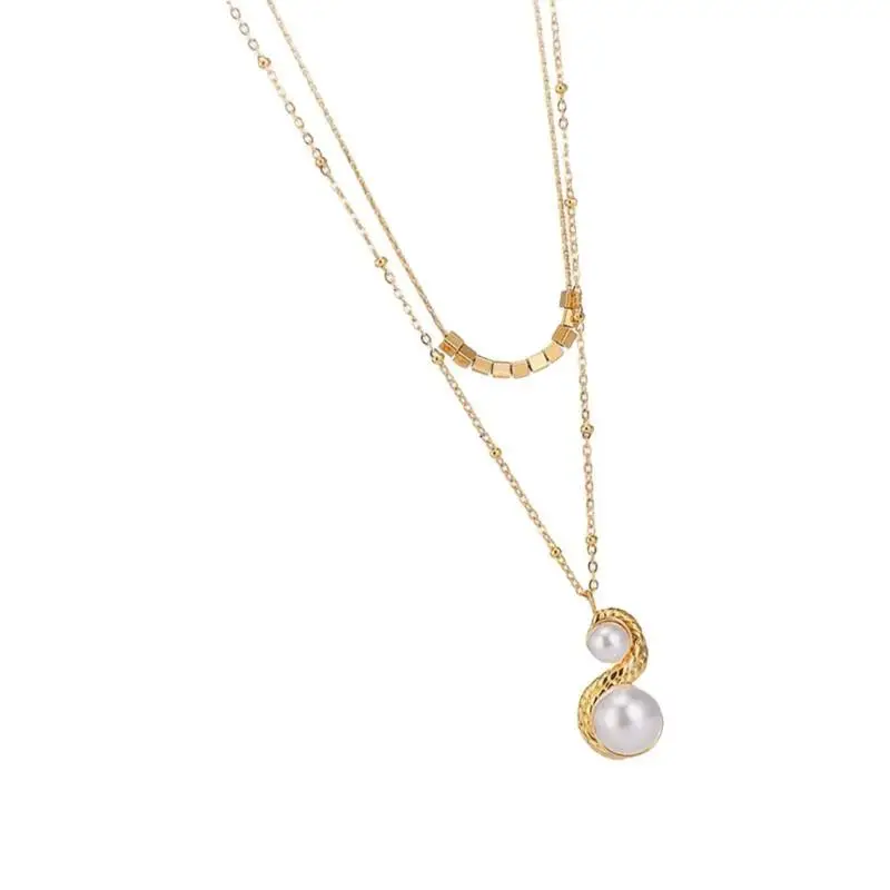 39BD Double Layer Pearls Pendant Necklace Stainless Steel Neckchian Fashion Jewelry