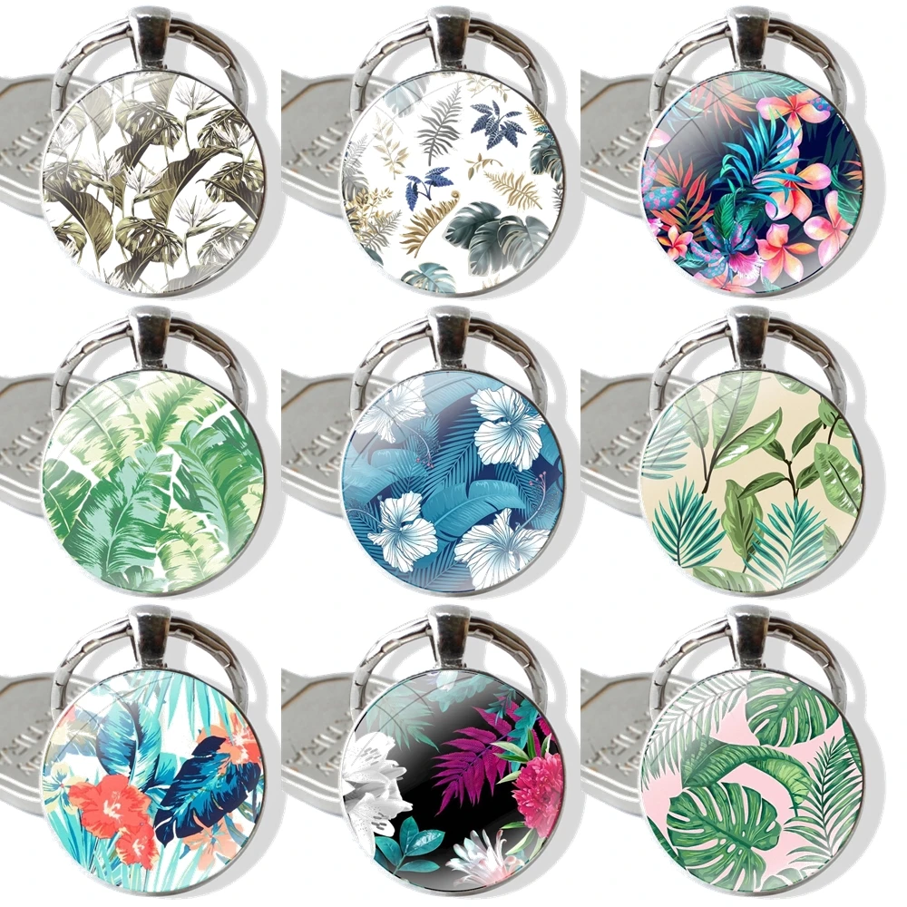 Keychain Handmade Glass Cabochon Key Ring Holder Pendant Key Chains Green tropical leaf