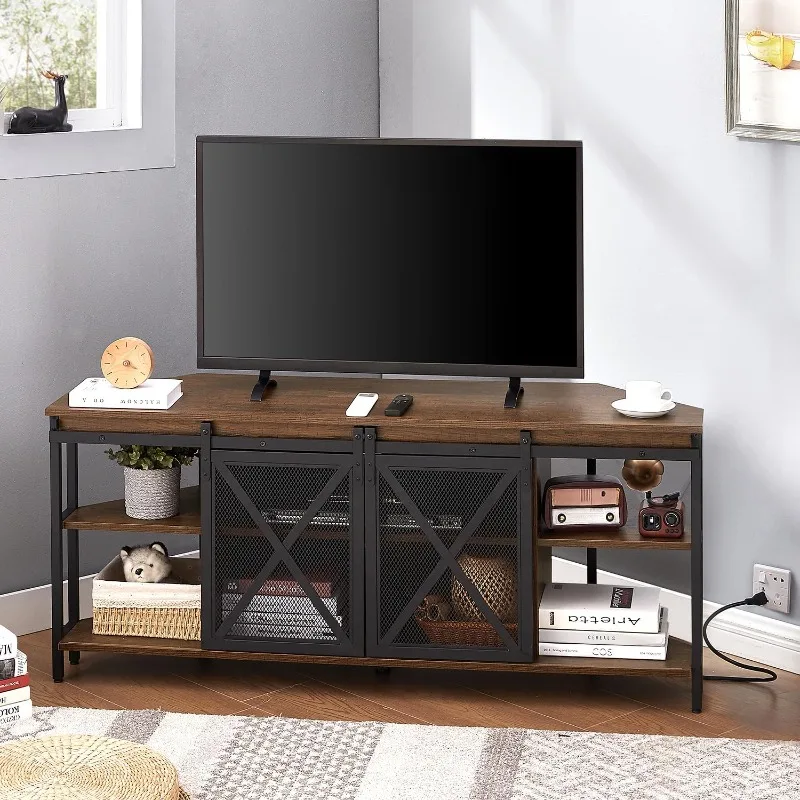 HOMISSUE Corner TV Stand, Industrial Corner TV Stand for TVs Up to 65 Inch, Entertainment Center for Living Room, Brown