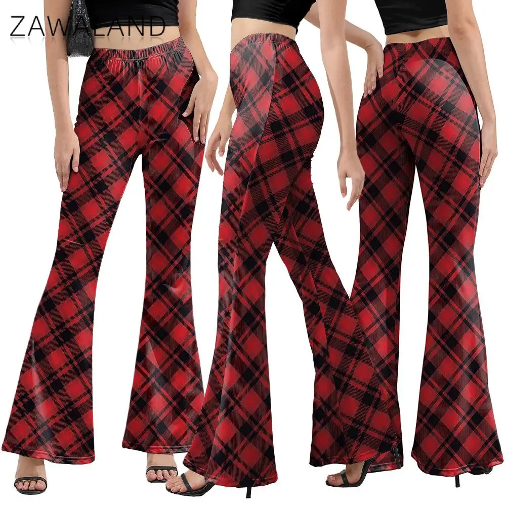 Zawaland Cosplay Costume Retro Red Grid 3D Printing Xmas Party Wide Leg Pants Flared Pants Women Bell Bottoms Christmas Gifts