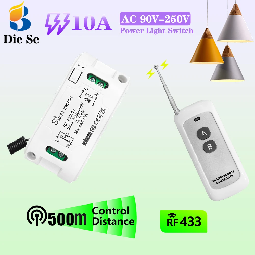 

RF Universal Swicth AC 110V 220V 10A 1CH Relay Module 433MHz Wireless Universal Remote Control transmitter 500m for Lamp/Fan