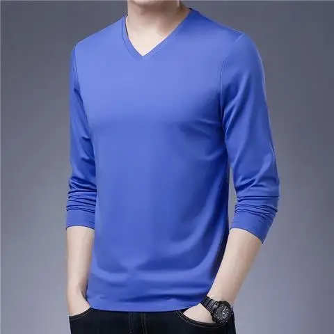 New Promotional Autumn Men Clothing Long Sleeve T-shirt Solid V-neck Bottoming Basic Versatile Business Casual Loose Tops 2023