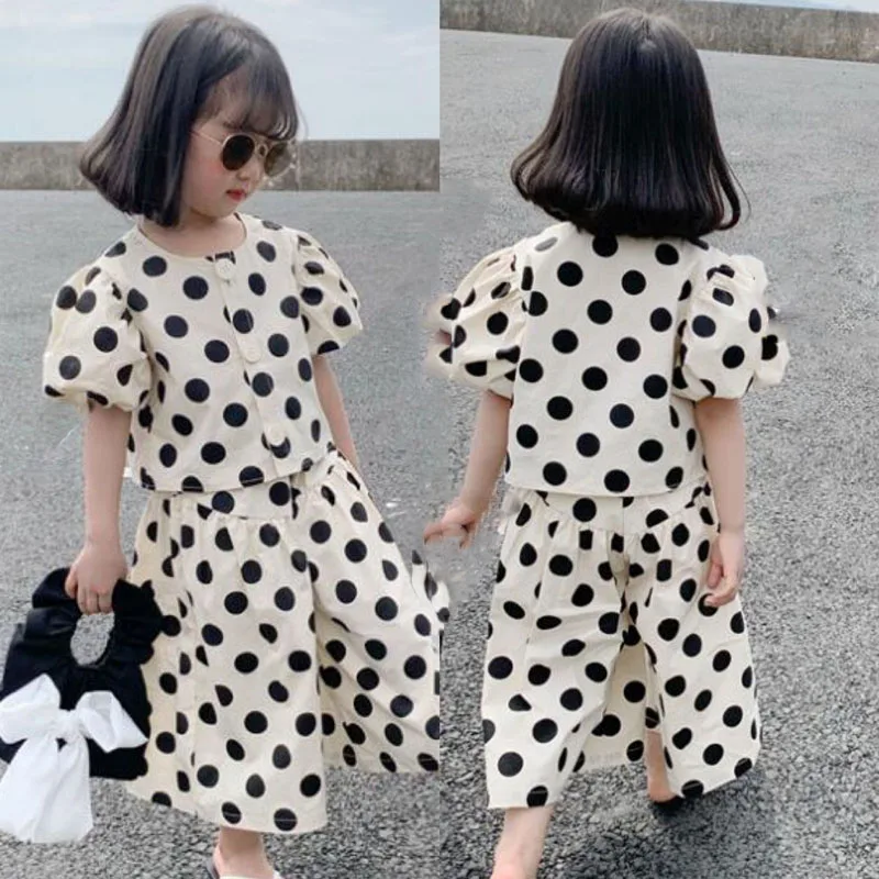 Summer Girls' Clothing Sets Fashion Single-breasted Polka Dot Girls' Shirt Top+Culottes Baby Kids Clothes Suit Children Clothing