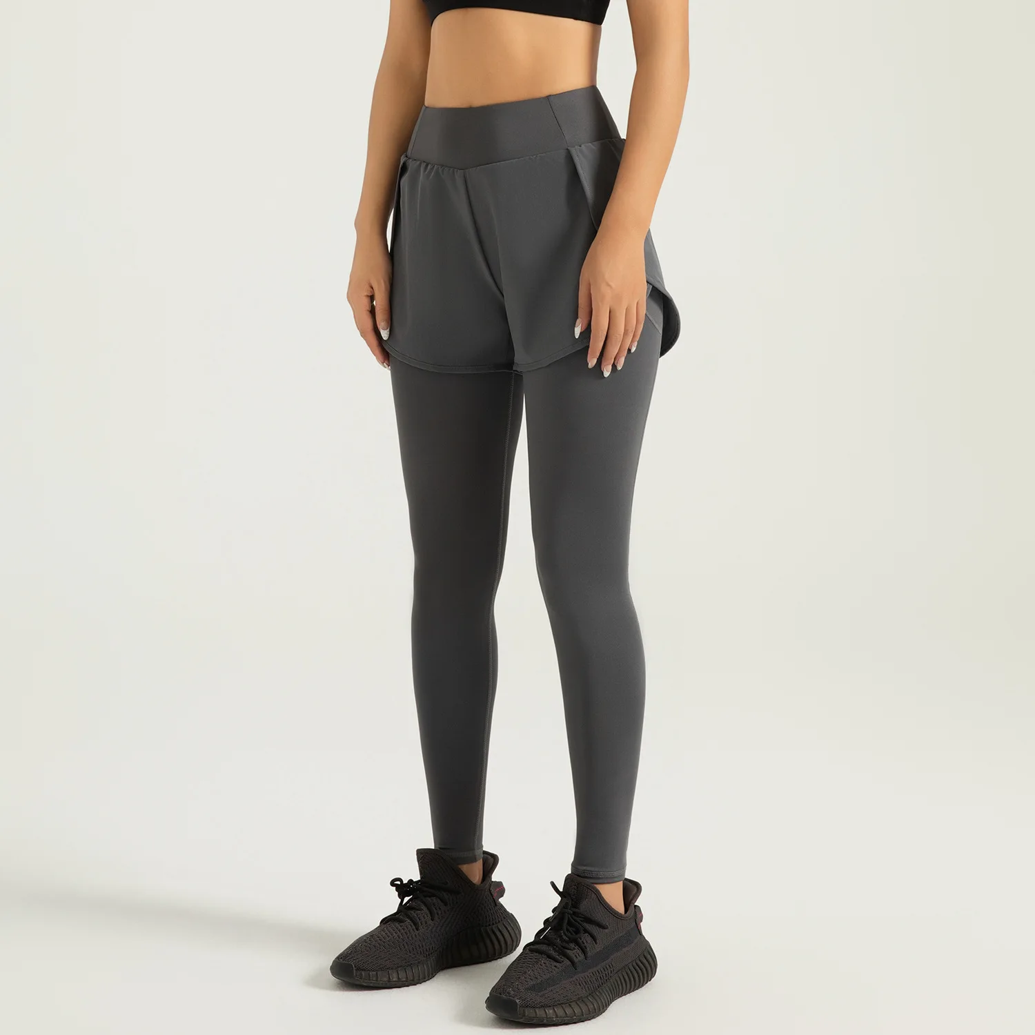 가짜 투피스 요가 팬츠 여성용 하이웨이스트 뱃살 보정 힙업 운동 레깅스 포켓 포함 신축성 있는 스포츠 카프리