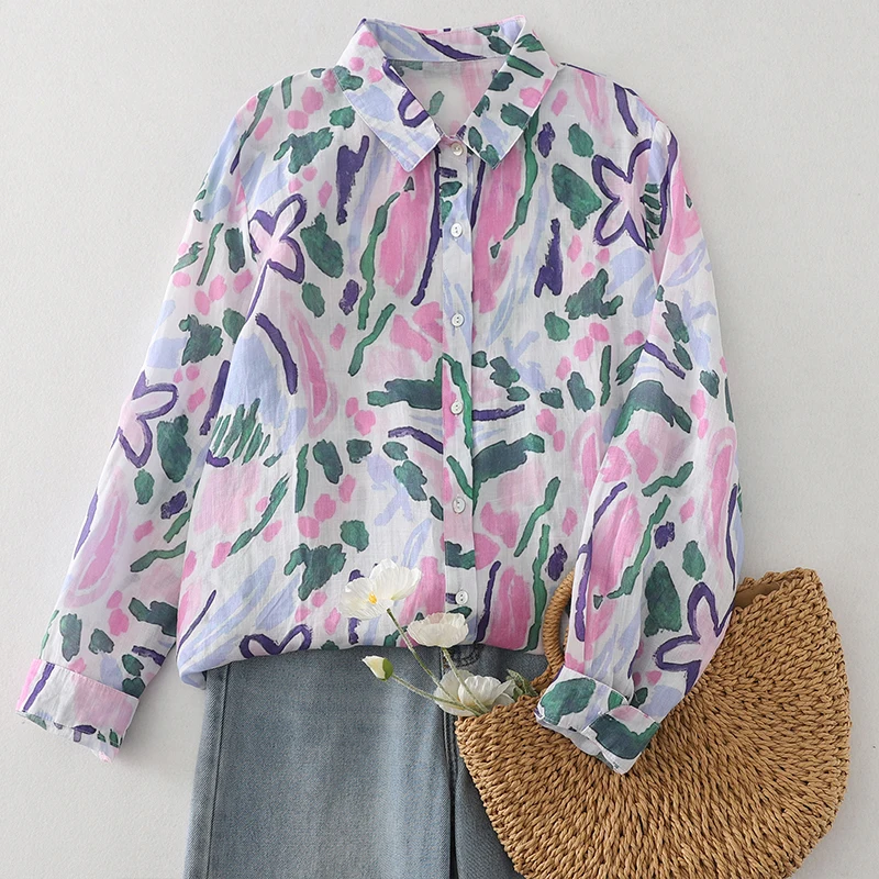 

Women's Printed Long Sve irt Lightweight Ink Wa Design Autumn New Sle Loose Fit Versatile Faion Ladies' Top