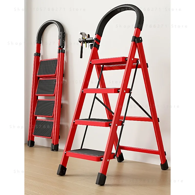 Thickened Red Three-step Folding Ladder Multi-functional Portable Storage Ladder for Home Use