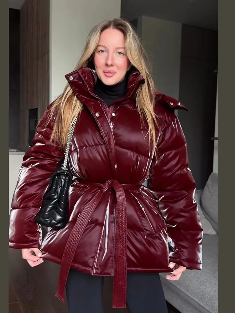 

Shinny Thicken Cotton Coats Women Detachable Hat Zippers Lace Up Full Sleeve Solid Jackets 2025 Winter Fashion Warm Outwear Lady