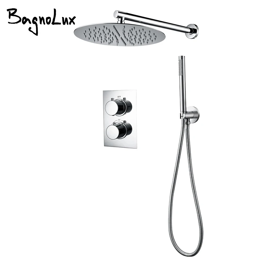 Brushed Gold Thermostaic Shower Faucet Wall Mount Bathroom Mixer Handheld With Diverter and 8-12