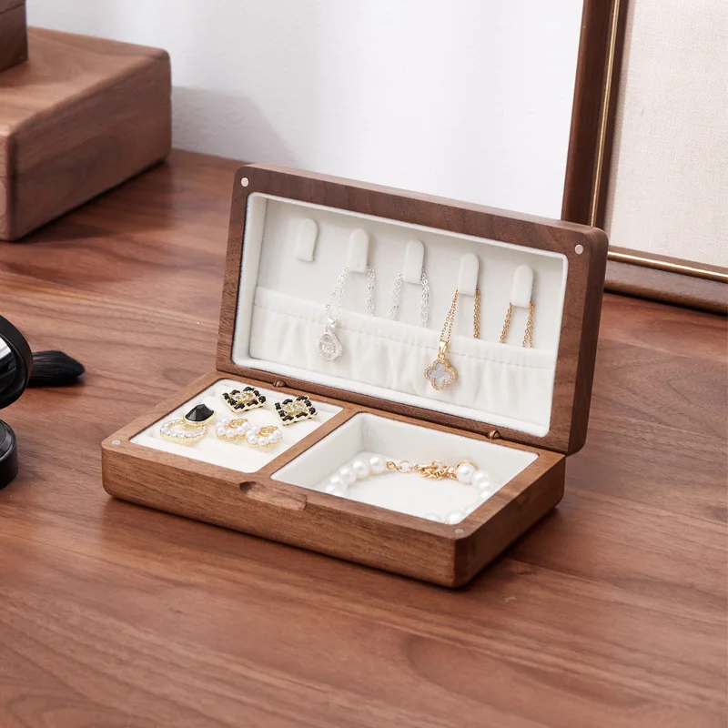 

Heavy Natural Wood Mini Jewelry Box for Women Vintage Black Walnut Wood Rings Earrings Display Hang Necklace Storage Organizer