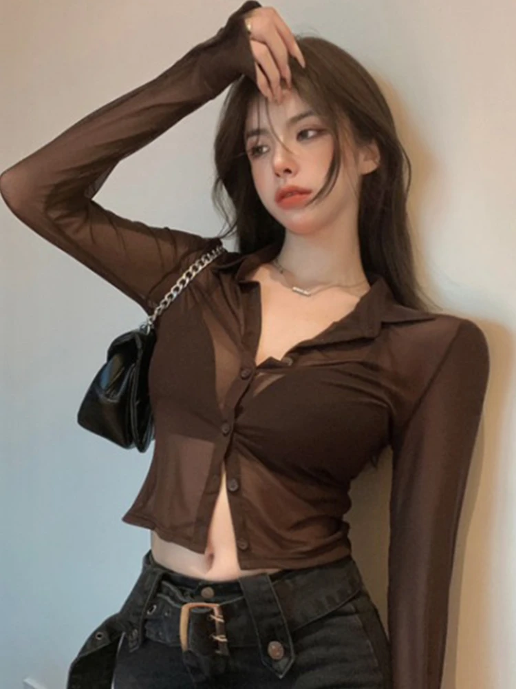 Mesh Sheer Shirts Women Long Sleeve Sunscreen Crop Tops Sexy Summer Thin Breathable Skinny Fashion Ins Streetwear Ladies Chic