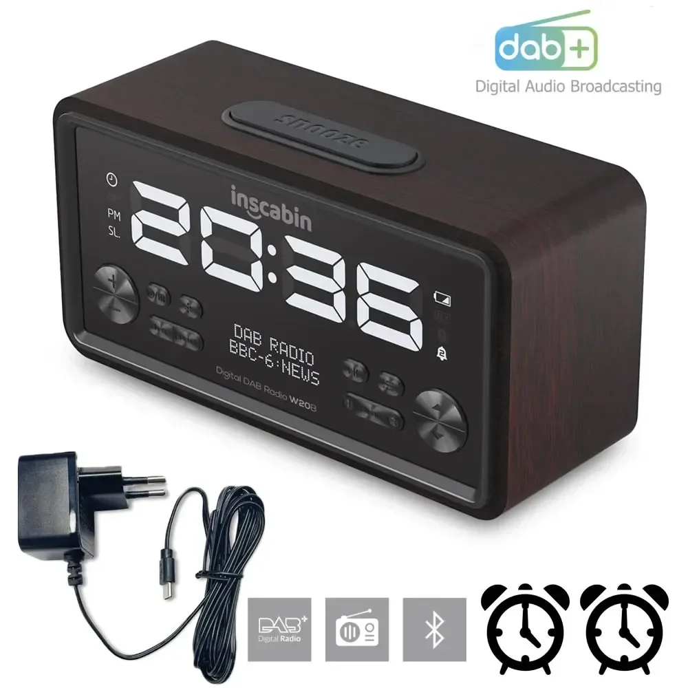 Inscabin Home Desktop Bedroom Mini Radio W20B Double DAB+/FM Digital Radio Bluetooth Speakers With Alarm Clock Display BoomBox