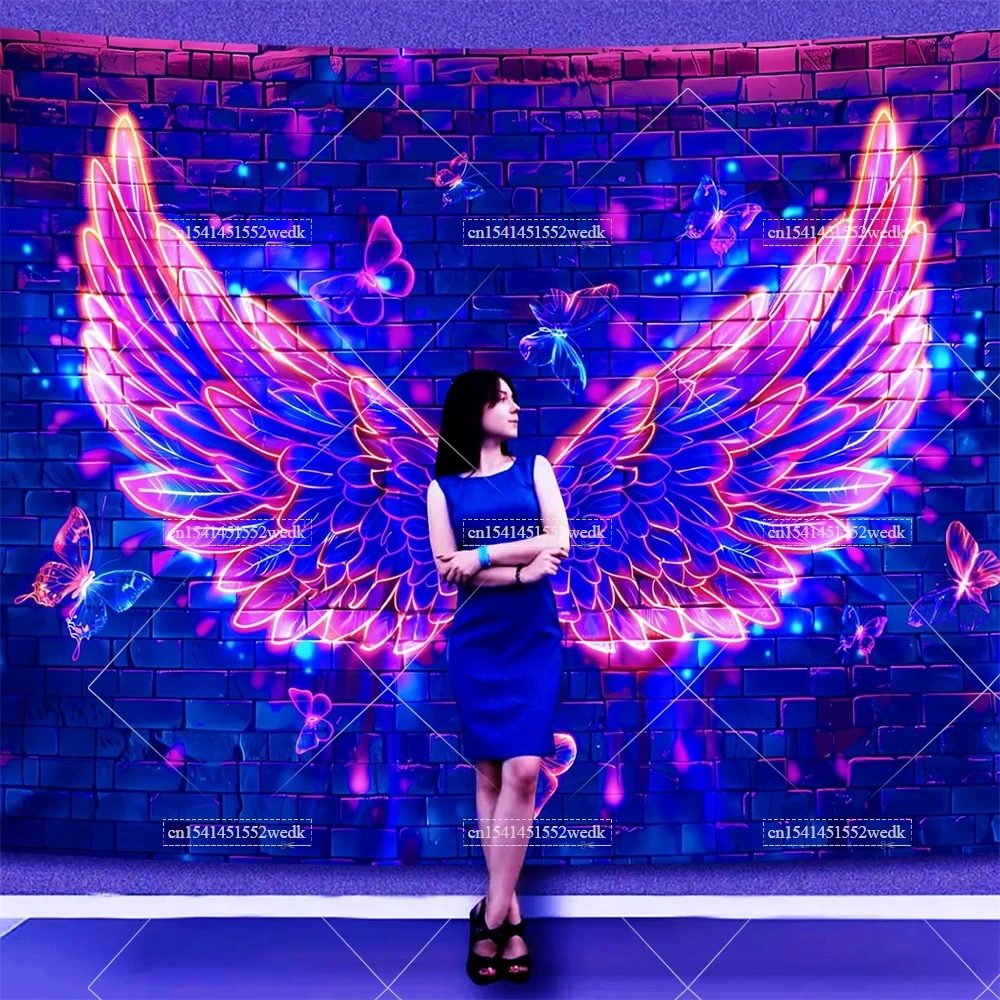 Blacklight Angel Wings Tapestry UV Reactive Neon Wall Hanging Tapestries Fluorecent Butterfly Aesthetic Art Decor For Bedroom