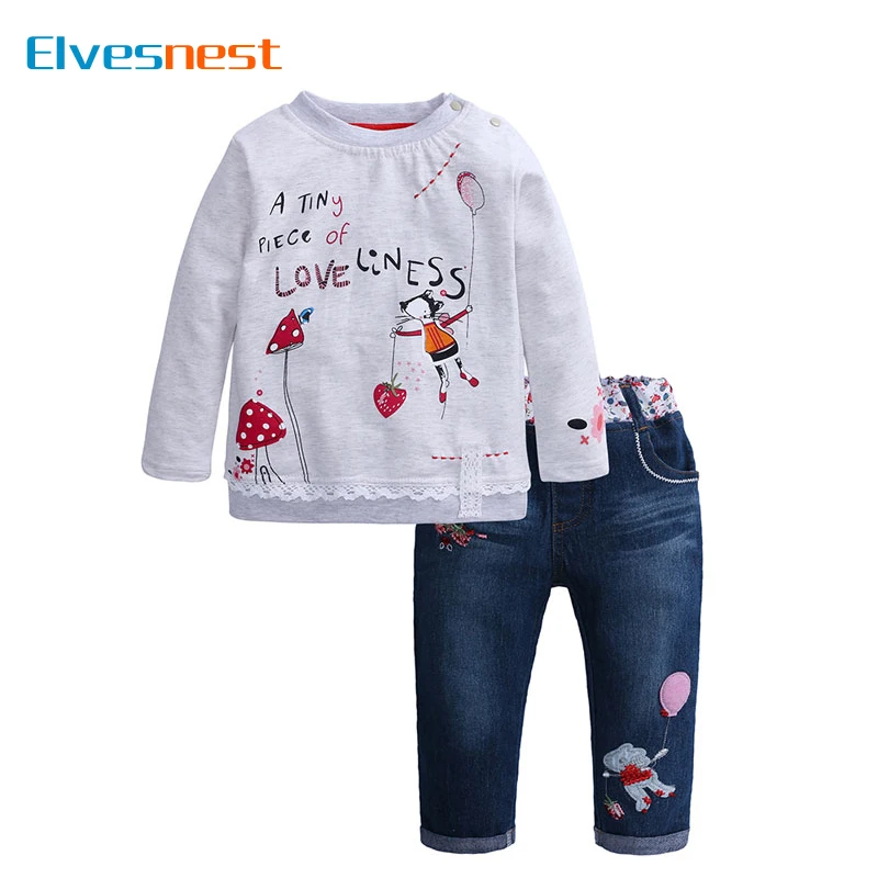 Fashion Flower Kids Clothes Girls Outfits Cotton Long Sleeve Tops Jeans 2 PCS Autumn Children's Clothing Sets 1-5 Years