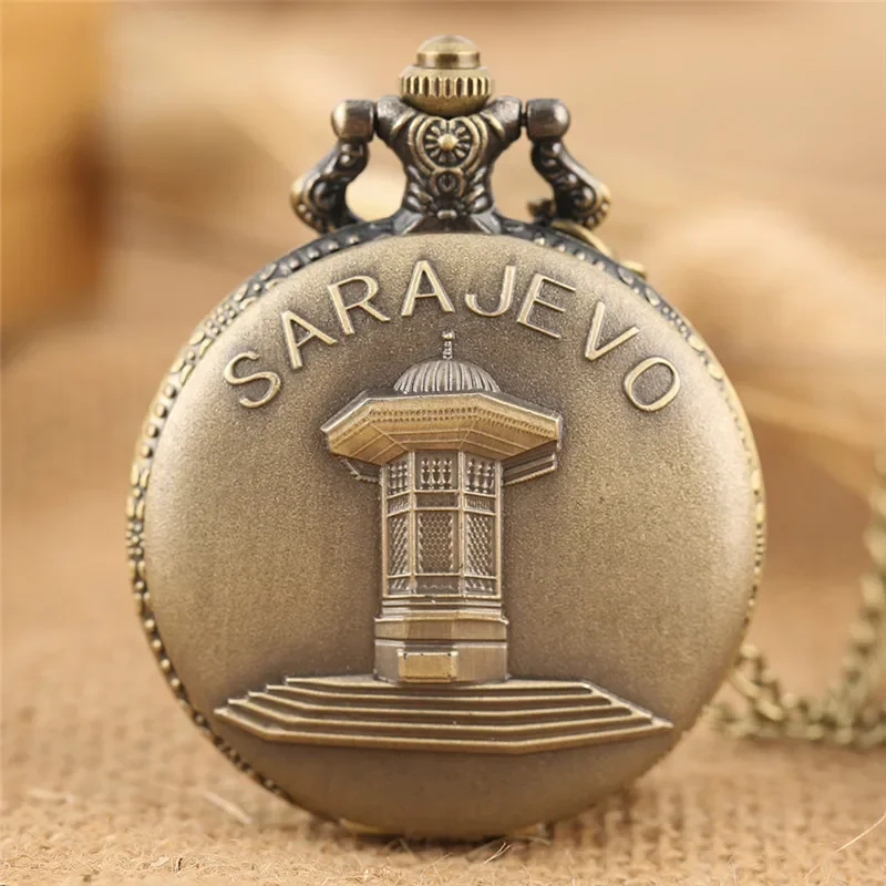 Retro Sarajevo Fountain Design Full Hunter Unisex Quartz Pocket Watch Necklace Fob Pendant Chain Art Collections Timepiece Gift